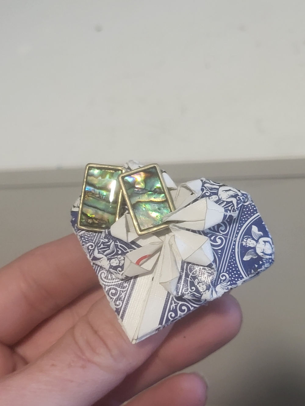 Iridescent Abalone Rectangular Stud Earrings with Gold-Tone Frame
